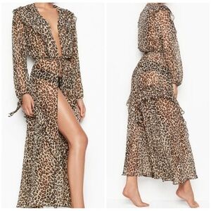 Victoria's Secret Sz XS S Long Leopard Print Sheer Ruffled Robe Jacket Cover-Up